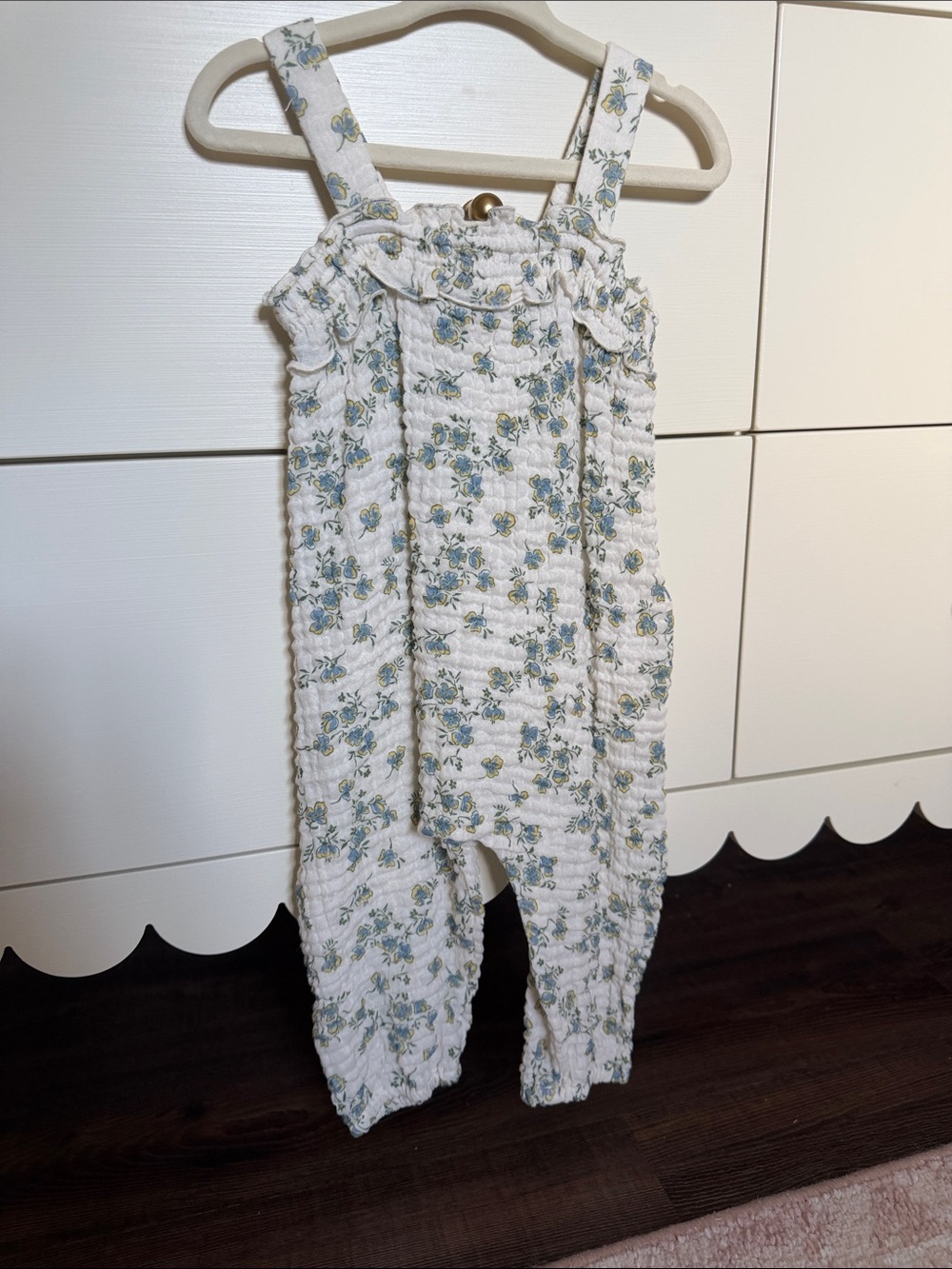 Zara White Floral Smocked Kids One-Piece with Blue & Green Print